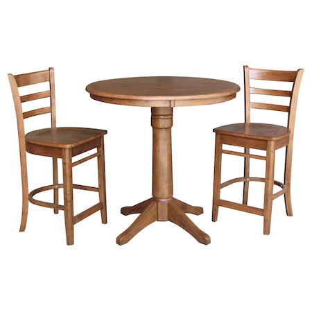 International Concepts Round 36 in Rd Top Pedestal Table, 2 Emily Counter Ht Stools, Distressed Oak, 36 in W, 36 in L, Wood K42-36RT-27B-S6172-2